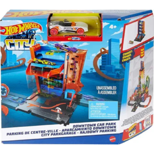 Hot Wheels City Toy Track Set, Downtown Car Park Playset with 1:64 Scale Vehicle, 4 Levels, Working Lift & Exit Chute